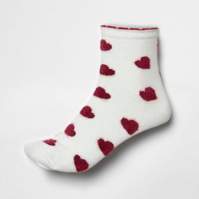 Red fluffy heart print socks